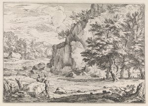 Landschap met rots door Abraham Genoels