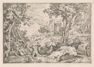 Landschap met tempel door Abraham Genoels