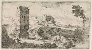 Landschap met vierkante toren door Abraham Genoels