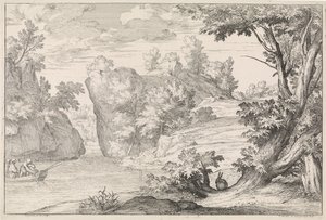 Rivierlandschap met een haas door Abraham Genoels