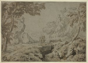 Landschap met sater, geiten en andere figuren