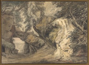 Landschap met een natuurlijke boog door Abraham Genoels II