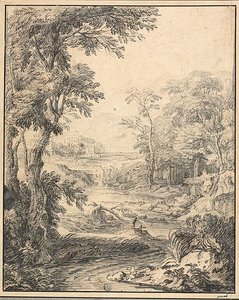 Rivierlandschap met twee figuren op de voorgrond, kasteel in de verte door Abraham Genoels II