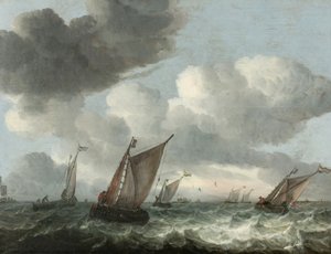 Vissersboten voor de kust in een woelige zee door Abraham Hendricksz van Beyeren