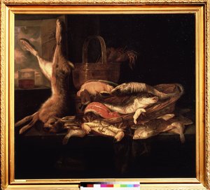 Stilleven met vissen en een dode haas door Abraham Hendricksz van Beyeren