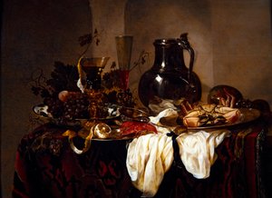 Stilleven met kruik en schaaldieren door Abraham Hendricksz van Beyeren