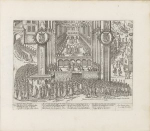 Uitzicht op de buitenkant van Westminster Abbey tijdens de kroning van James I door Abraham Hogenberg