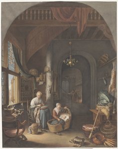 Interieur met moeder en kinderen door Abraham Lion Zeelander