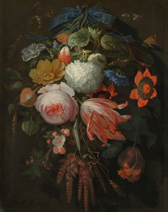 Een hangend boeket bloemen, waarschijnlijk 1665-1670
