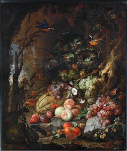 Bloemen, fruit, vogels en insecten in een landschap van ruïnes ... door Abraham Mignon