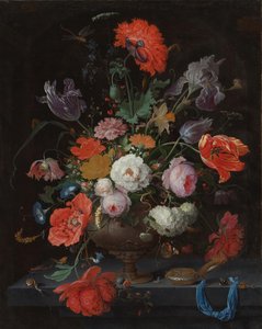 Stilleven met bloemen en een horloge door Abraham Mignon
