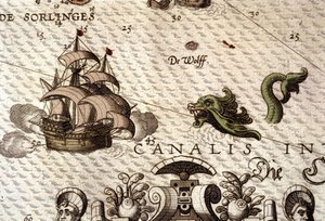 Een zeemonster dat een galeon (karveel) aanvalt. Detail van een kaart in 