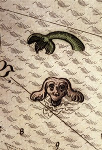Een zeemonster heeft een hondenkop en een vissenlichaam. Detail van een kaart in Theatrum Orbis Terrarum door Abraham Ortelius, Antwerpen 1584. door Abraham Ortelius