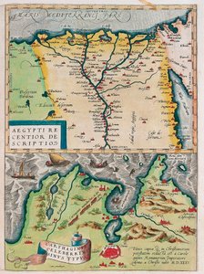 Aegypti Recentior Descriptio. - Carthaginis Celeberrimi Sinus Typus. Geografische kaart van Egypte met de steden van de Nijl en Carthago (Tunesië) uit 