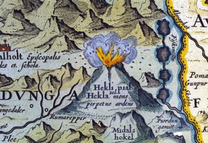 Hekla vulkaan in IJsland. Atlas van Abraham Ortelius, Amsterdam 1588