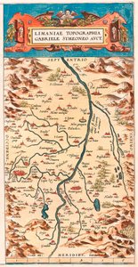 Limaniae topographed Gabriele Symeoneo Avct Geografische kaart van het Loire-gebied met de kastelen en steden langs de rivier (Beaumont, Aigueperse, Clermont en Montferan (Montferrand), Beauregard, Cignac, Montaigu, Puy Guillaume...) uit 