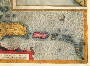 Kaart van het eiland Hispaniola, Santo Domingo, Puerto Rico en deel van de Antillen door Abraham Ortelius
