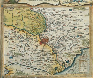 Kaart van Lazio regio, uit Theatrum Orbis Terrarum door Abraham Ortelius
