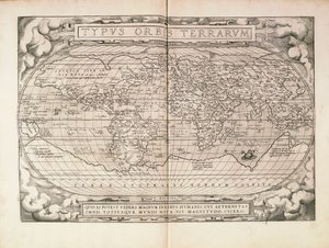 Planisfeer uit Theatrum Orbis Terrarum door Abraham Ortelius, gedrukt in Antwerpen door Abraham Ortelius