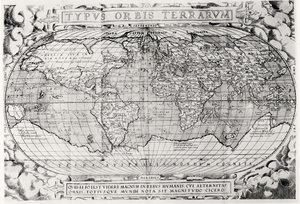 Typus Orbis Terrarum, wereldkaart, 1577 door Abraham Ortelius