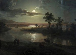 Avondscène met volle maan en personen