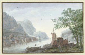 Bergachtig landschap met gezicht op een dorp aan een rivier door Abraham Rademaker