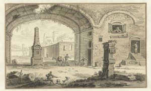 Gefantaseerd Italiaans stadsgezicht met klassieke bouwwerken en doorkijk onder een boog door Abraham Rademaker