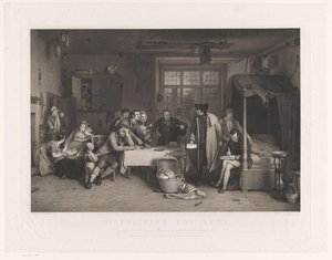 Sober interieur met mannen die beslag leggen op het bezit van een familie door Abraham Raimbach