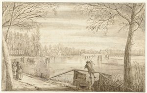 Schaatsers op de rivier Vecht, bij Maarssen, met de landgoederen Daelwijck en Vechthoven in de verte door Abraham Rutgers