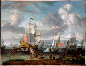 Een Engelse jacht groet een Nederlands oorlogsschip