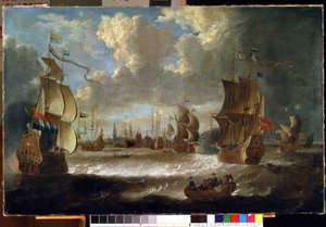 Schepen in een lagune door Abraham Storck