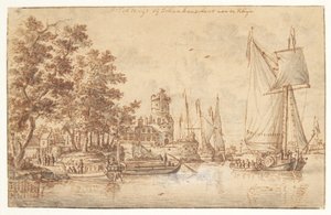 Rijnlandschap met kasteel en schepen door Abraham Storck
