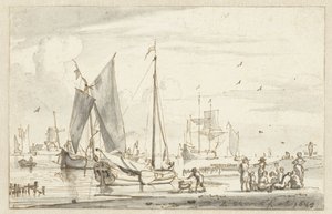 Rivieroever met enkele schepen door Abraham Storck