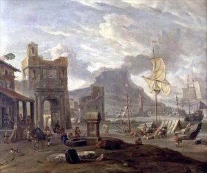 Zeehaven met grote en kleine schepen