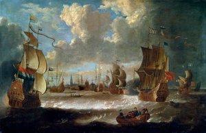 Schepen in een lagune, 17e of vroege 18e eeuw door Abraham Storck