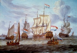 De fregat Peter en Paul in de haven van Amsterdam. Schilderij door Abraham Storck (17e eeuw)