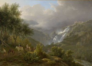 De watervallen bij Tivoli, met een naderende storm door Abraham Teerlink