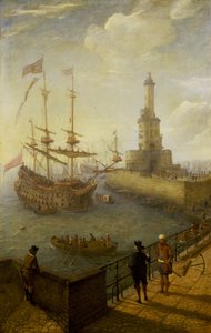 Een Spaanse driemaster voor anker voor de kust van Napels (Italië), gezien vanaf een geplaveide pier in de stad, richting de vuurtoren en de gebouwen van de mediterrane haven door Abraham Willaerts