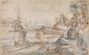 Kustlandschap met meerdere schepen, een hoge kust met meerdere figuren door Abraham Willaerts