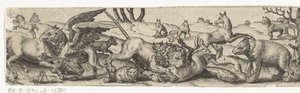 Vechtende dieren in een landschap door Abraham de Bruyn
