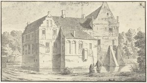 Het huis van Rhaen in Overijssel, vooraan twee hengelaars door Abraham de Haen (II)