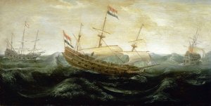 Een Nederlands schip varend op een zeer woelige zee door Abraham de Verwer