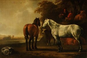 Paarden en Vee in een Landschap door Abraham van Calraet