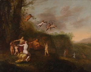 Bacchus en Nimfen in een Landschap door Abraham van Cuylenborch