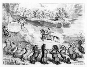 De Markies van Newcastle rijdend op Pegasus voor een Vergadering van de Griekse Goden en ontvangt de Groeten van Aardse Paarden, illustratie uit een Rijhandboek door de Markies van Newcastle, gepubliceerd