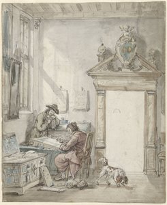 Interieurscène met schrijvende man aan een lessenaar