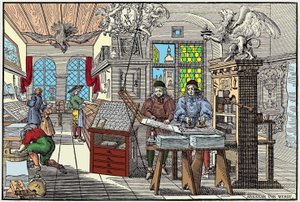 Interieur van een drukkerij in Neurenberg, Duitsland: arbeiders aan het werk, begin 17e eeuw - gravure door Abraham van Werdt door Abraham van Werdt