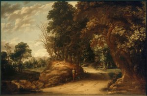 Boslandschap met rustende wandelaars door Abraham van den Rande