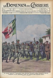 1935 I mitraglieri della Divisione Brennero marcheren voor de Duce - DOMENICA DEL CORRIERE - militaire manoeuvre. De troepen marcheren voor Benito Mussolini - Illustratie door Achille Beltrame