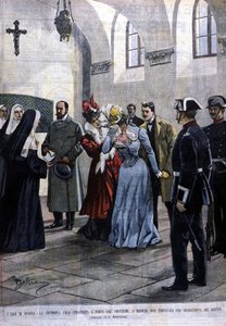 In Madrid wordt een jonge vrouw, juffrouw Ubao, uit het kloosterleven gehaald waar ze zich bevond op suggestie van de Jezuïeten. Illustratie door Beltrame. La Domenica del corriere. 1901. door Achille Beltrame